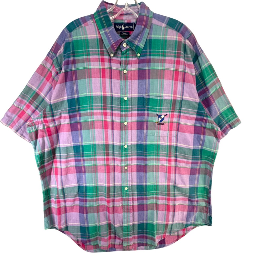 Vintage Ralph Lauren Golf Tilden Shirt Men XL Pink Green‎ Plaid Button Down Logo